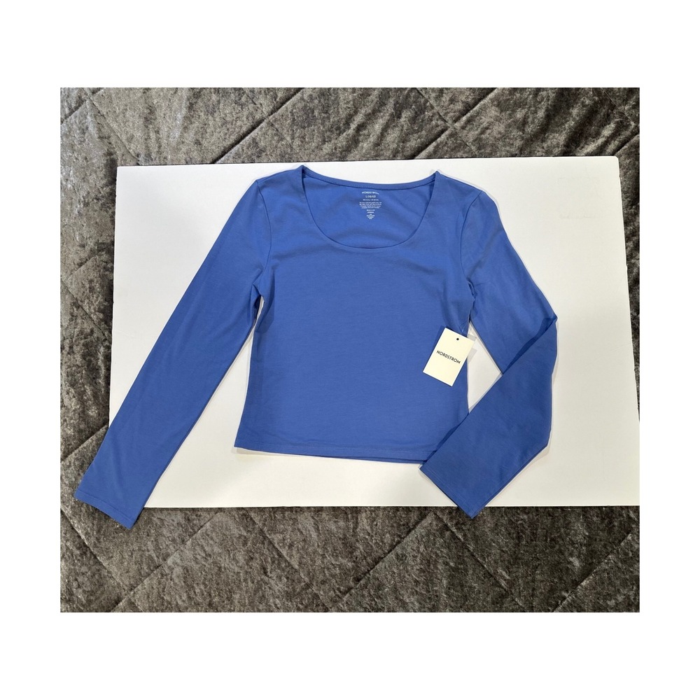 NWT Nordstrom Scoop Neck Stretch Cotton Long Sleeve Girls 10/12 Blue Wedgewood